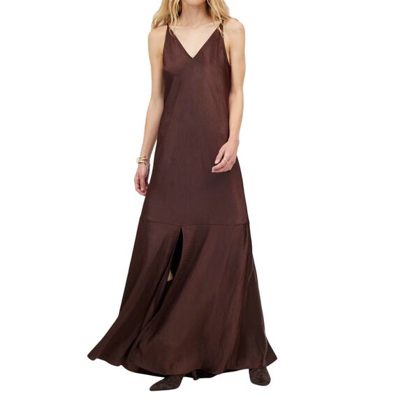 Madewell Satin Sleeveless Maxi Slip Dress V Neck Carob Brown Front Slit XS 2 - Picture 1 of 10